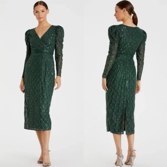 NEW Mac Duggal 93676 Bead Lace Long Sleeve Midi Dress Emerald Holiday Wicked - Picture 2 of 11